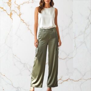 NWT Own It Italy Olive Green Satin Wide Leg Cargo Pants - Size S